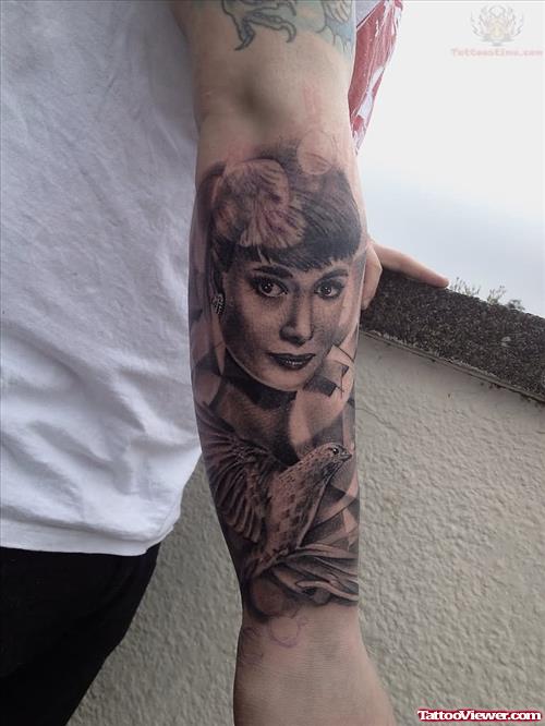 Audrey Hepburn Tattoo On Right Sleeve