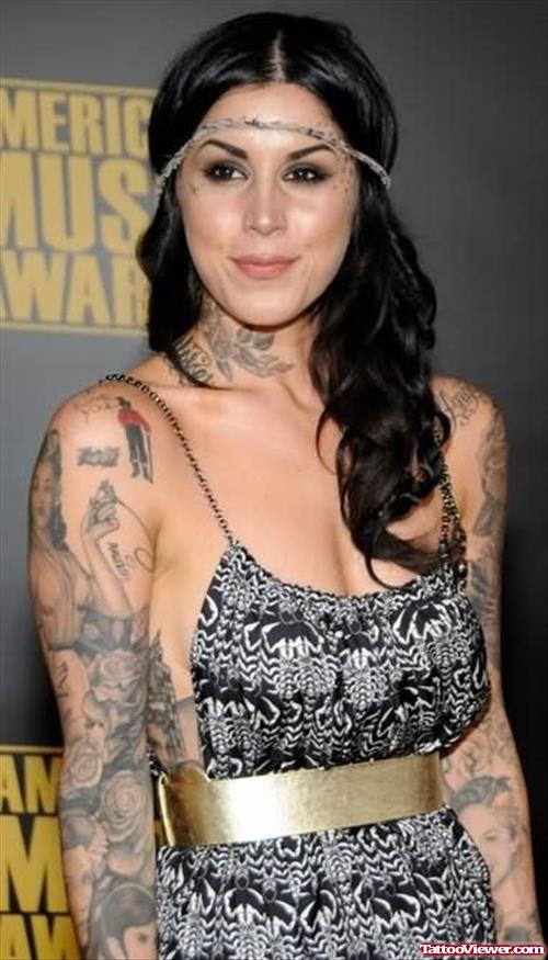 Cute Kat Von D Tattoo On Arm And Neck