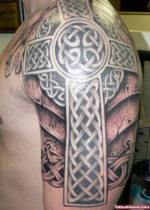 Celtic Stylish Cross Tattoo On Shoulder