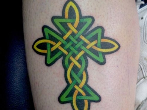 Yellow And Green Celtic Cross Tattoo On Arm