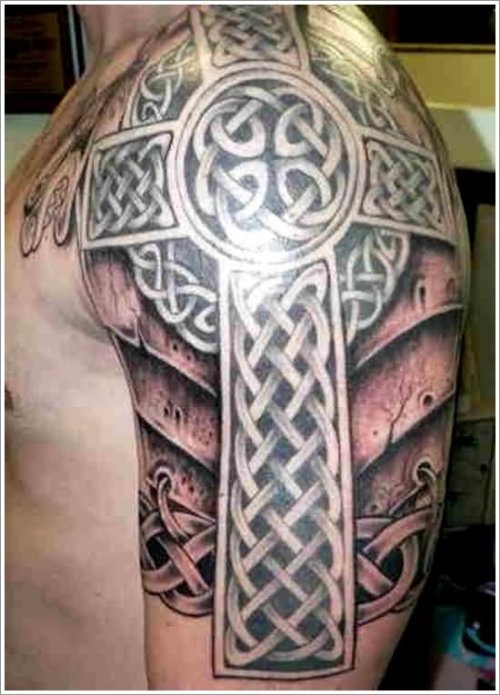 Awesome Left Shoulder Celtic Cross Tattoo
