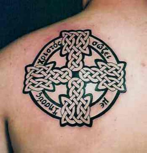 Attractive Left Back Shoulder Celtic Cross Tattoo