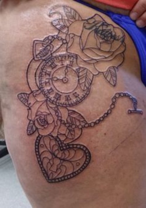 Outline Rose Flowers And Chain Tattoo