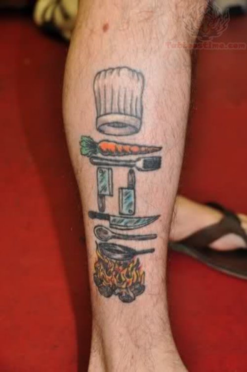 Chef Hat And Knife Tattoos On Leg