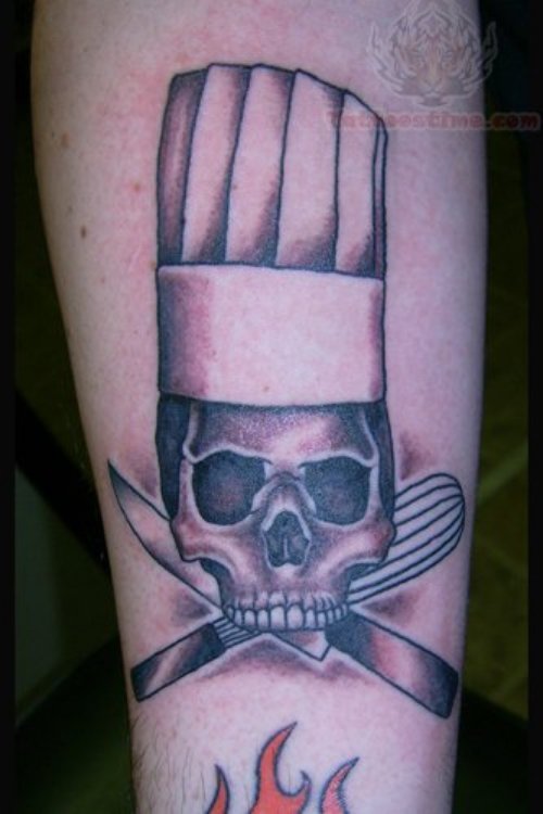 Skull With Chef Hat And Knife Tattoos