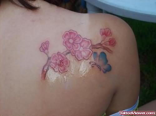 Cherry Blossom Tattoo On Back Shoulder
