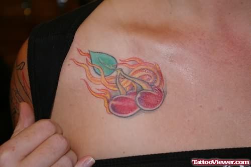 Flaming Cherry Blossom Tattoo On Chest