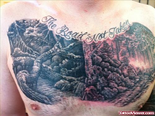 Grey Ink Forest Chest Tattoo For Men