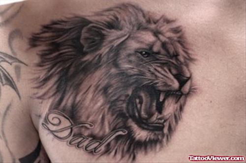 Grey Ink Angry Lion Head Chest Tattoo