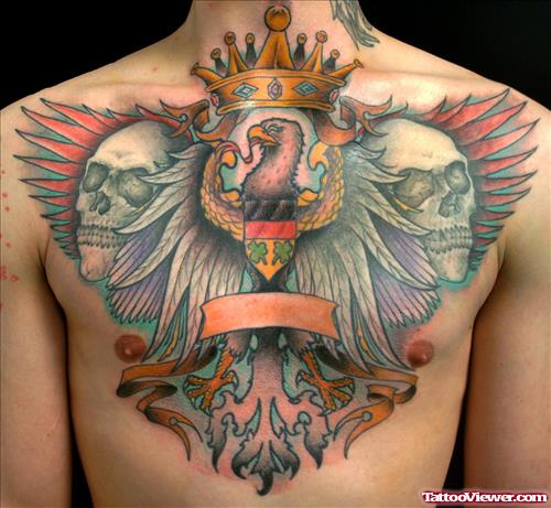 German Eagle With Crown Colored Ink Chest Tattoo