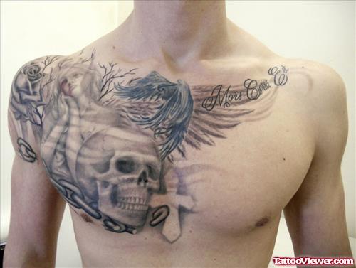 Flying Crow And Skull Chest Tattoo For Men