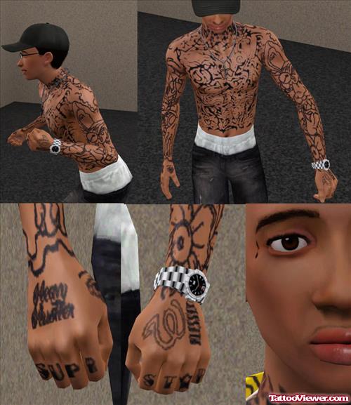 Tribal Chest And Sleeve Tattoos