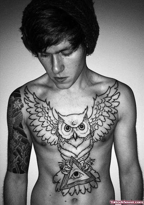 Large Flying Owl Chest Tattoo