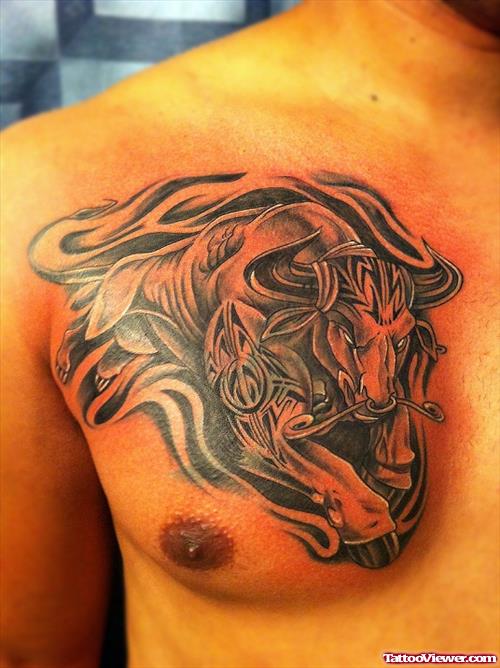 Grey Ink Tribal Bull Chest Tattoo