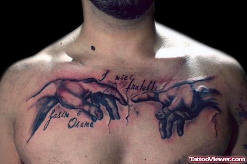 Grey ink Hands Chest Tattoo For Men