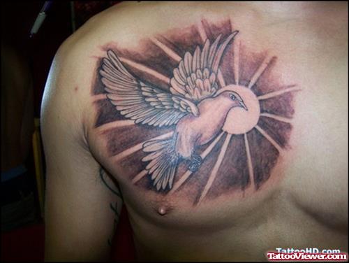 Grey Ink Flying Dove Chest Tattoo
