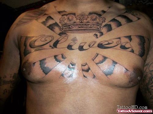 Grey Ink Crown And Clouds Chest Tattoo