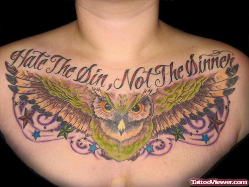 Green Ink Open Wings Owl Chest Tattoo