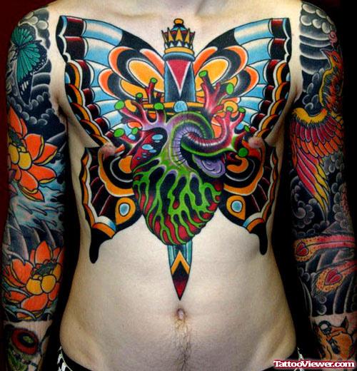 Colored Butterfly With Human Heart And Lighthouse Chest Tattoo