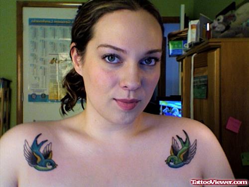 Colored Birds Chest Tattoo For Girls