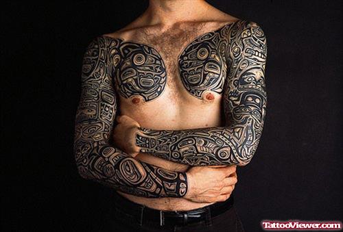 Black Ink Maori Chest Tattoos