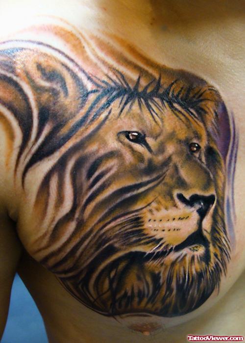 Awesome Lion Head Chest Tattoo
