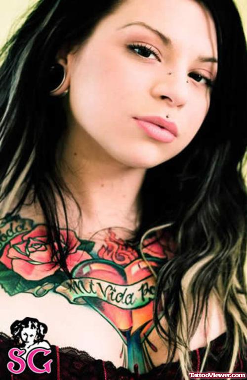 Rose Flowers And Heart With Banner Chest Tattoo