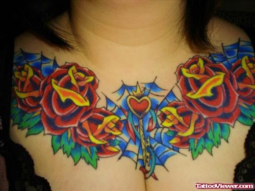 Red Roses And Spider Web Chest Tattoo