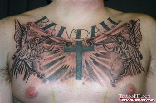Randall Cross And Angels Chest Tattoo
