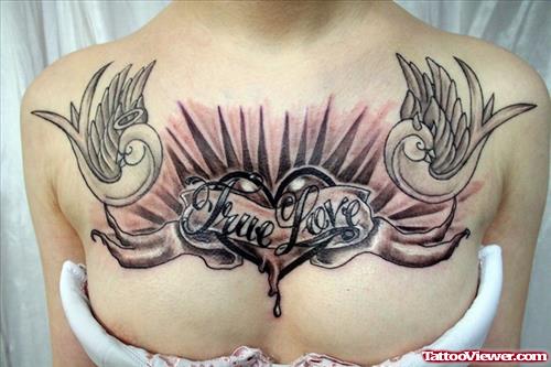 Grey Ink Swallows And Heart With Banner Chest Tattoo