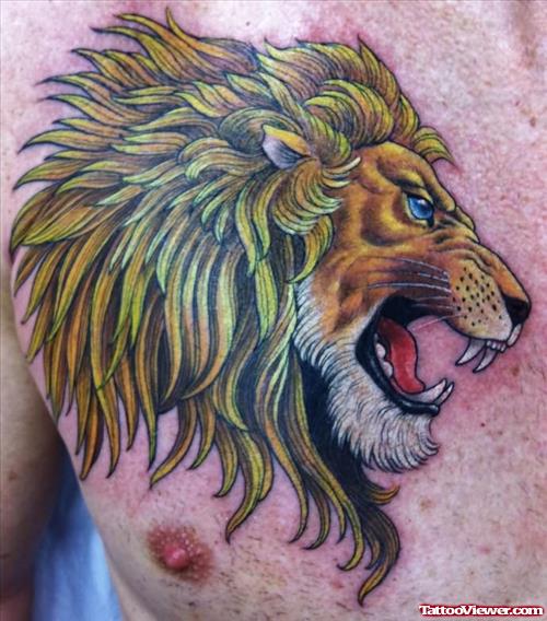 Colored Ink Lion Head Chest Tattoo