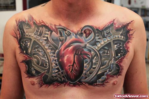 Colored Ink Heart With Biomechanical Chest Tattoo