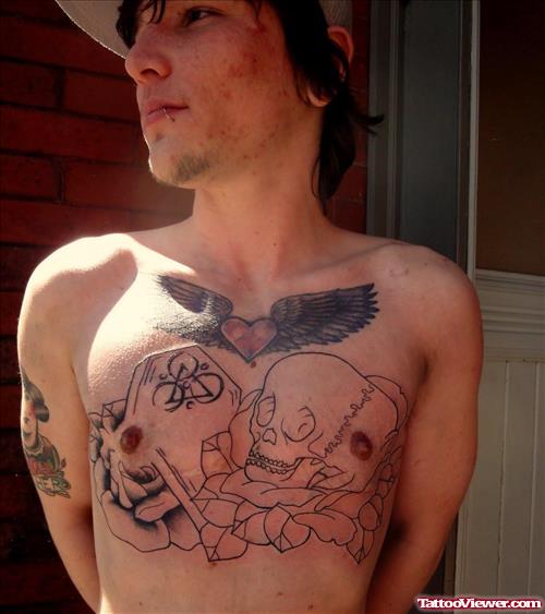 Winged Heart And Skull Flower Chest Tattoo