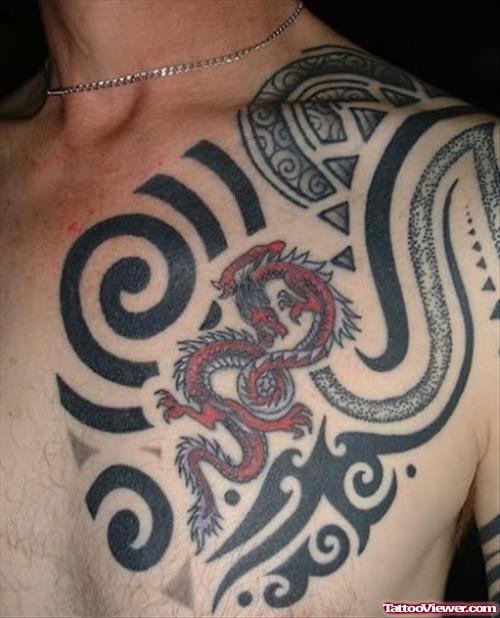 Tribal And Dragon Chest Tattoo For Men