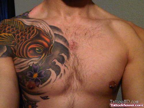 Japanese Koi Color Ink Chest Tattoo