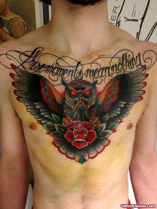 Flying Oel And Rose Flower Chest Tattoo