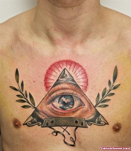 Colored Ink Pyramid Eye Chest Tattoo