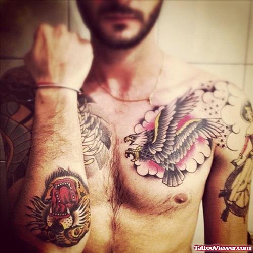 Colored Ink Flying Hawk Chest Tattoo