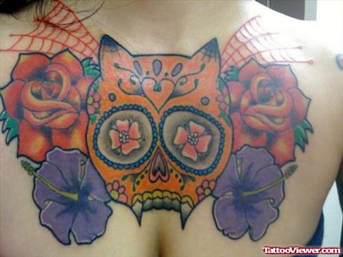 Cat Sugar Skull And Rose Flowers Chest Tattoo