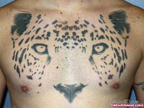 Black Ink Leopard Prinds Head Chest Tattoo