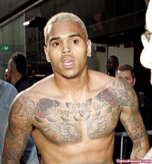 Angel Wings, Diamond And Rose Flowers Chest Tattoo Of Chris Brown