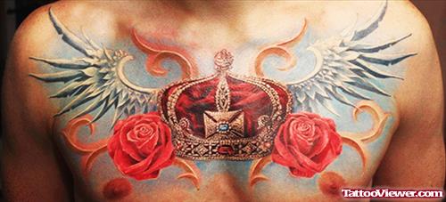 Winged Crown And Red Roses Chest Tattoo