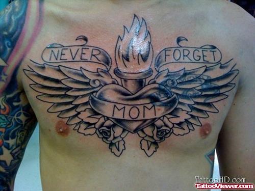 Mom Banner Winged Burning Heart Chest Tattoo