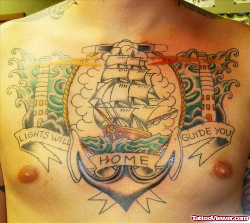 Light House With Anchor Ship Chest Tattoo For Men