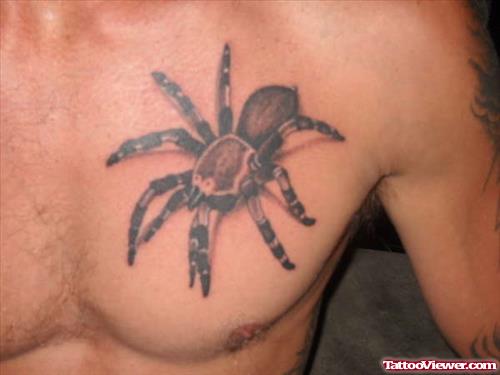 Grey Ink 3D Spider Chest Tattoo