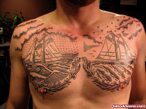 Grey Ink Ships In Sea Chest Tattoo For Men