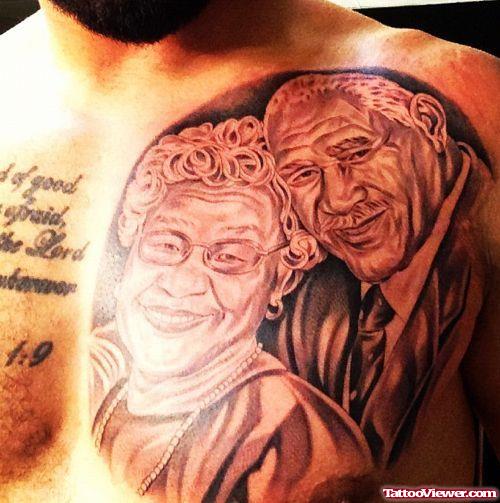 Grey Ink Grandparents Chest Tattoo