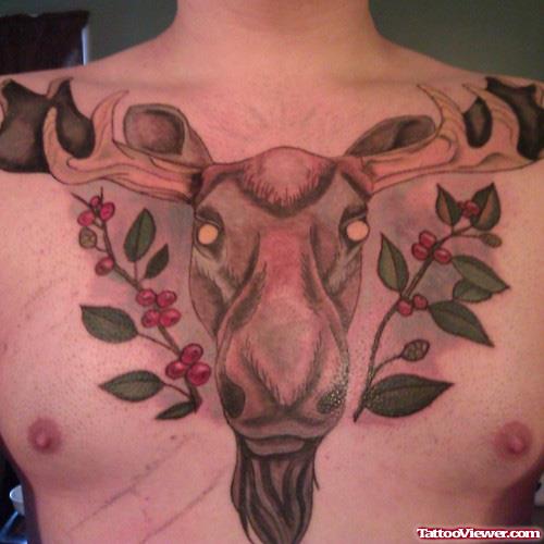 Goat Head Grey Ink Chest Tattoo