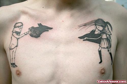 Girl and Boy with Fox Head Chest Tattoo