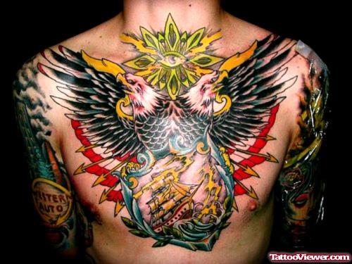 Flying Eagle And Colored Ship Chest Tattoo